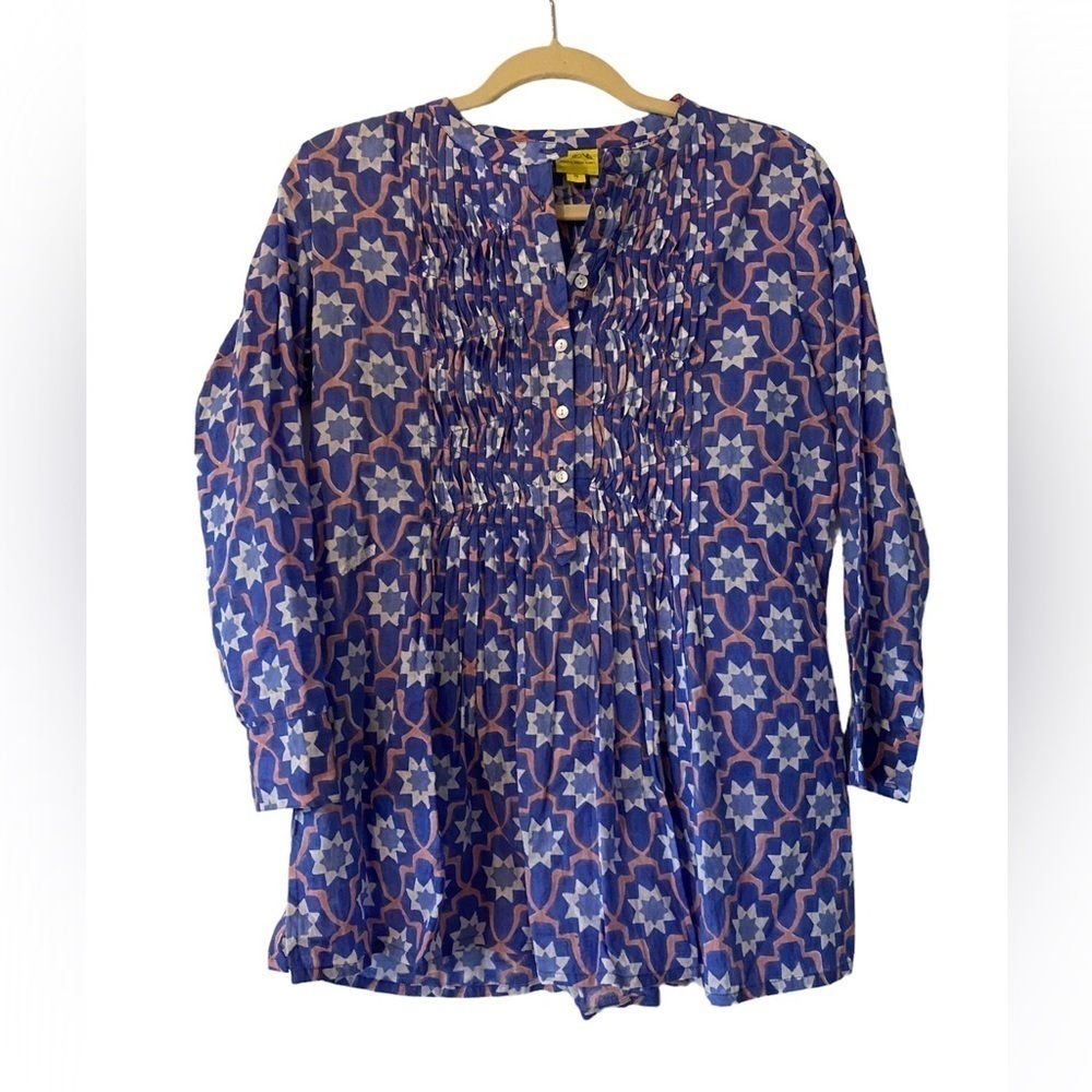 ROBERTA ROLLER RABBIT / blue Cotton top blouse geometric pin tucked xs